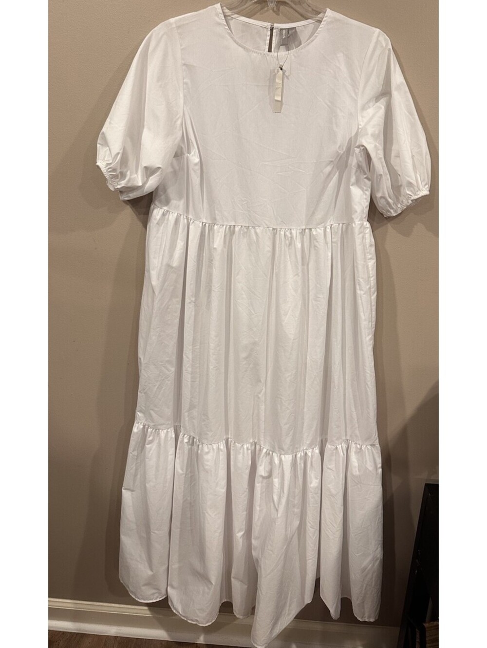 ASOS White Cotton Blend Tiered Smock Midi Dress Puff Sleeve US 10 cottage boho